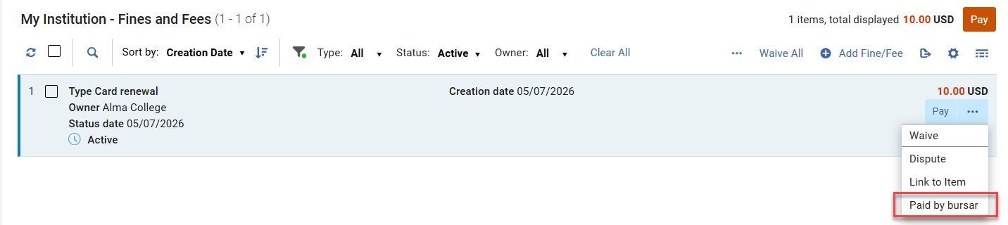 The Paid by  bursar closed fee status.